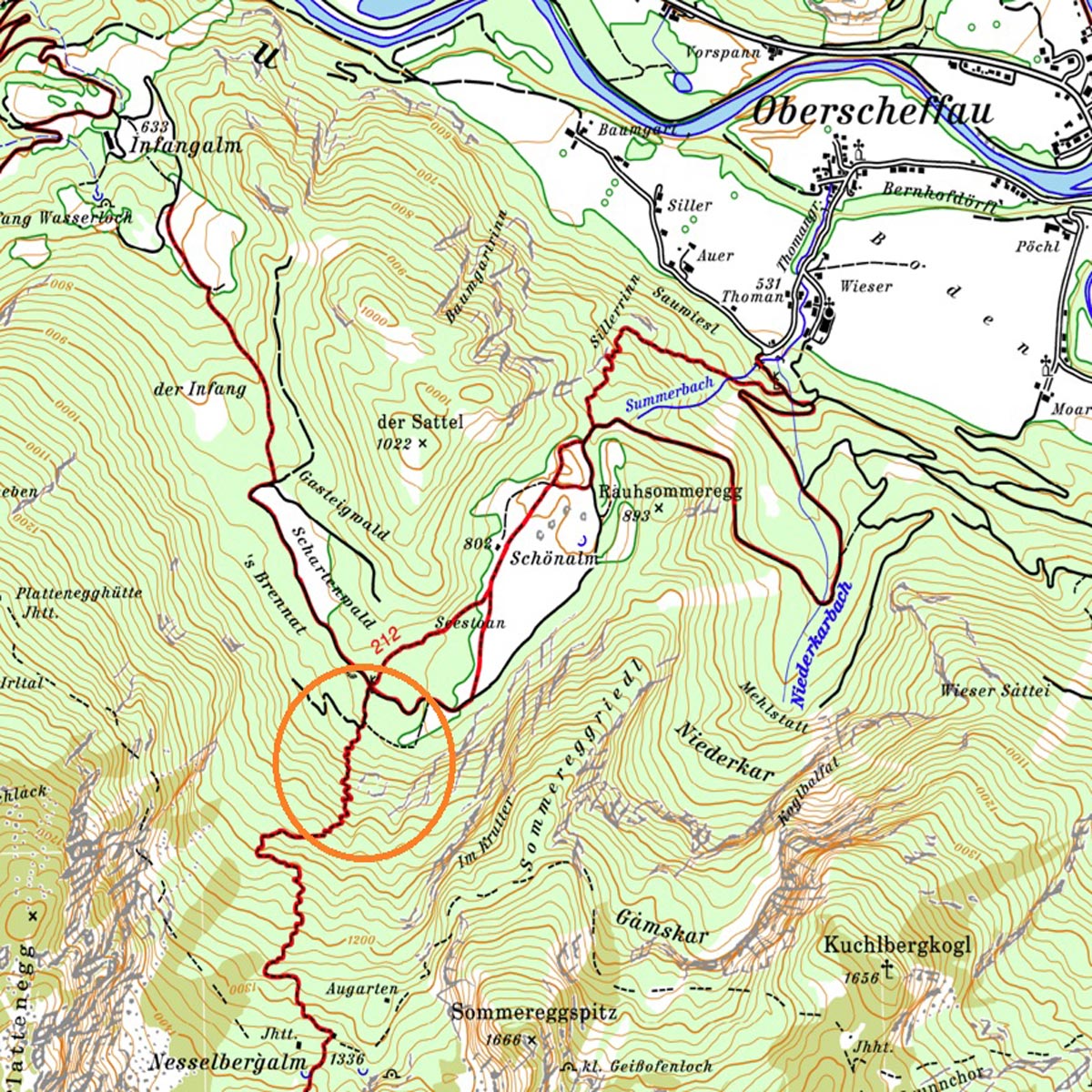 Wegsanierung_Oberscheffau_Einsatzgebiet Karte von Oberscheffau und Markierung des Einsatzgebietes in einem orangenen Kreis.