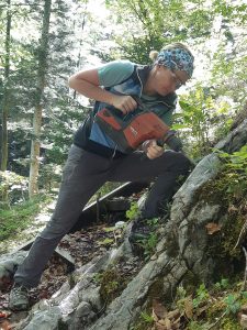 Frau im Wald bohrt mit einer Bohrmaschine in den Berg um Bohrhaken zu befestigen.