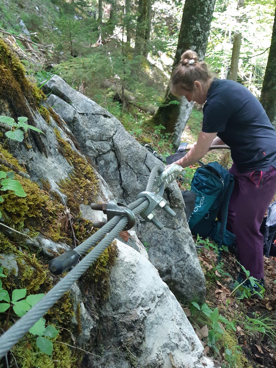 Wegsanierung_Oberscheffau_Sanierung3_Stahlseilversicherung3 Frau bringt an einem Hang im Wald eine Stahlsicherung an.