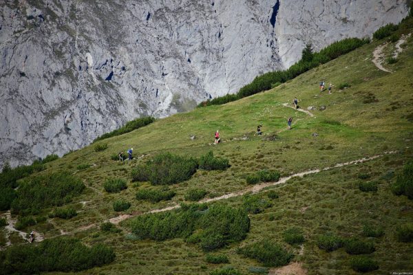 Strecke Alpin Team Trail 2026 unter Felswand Bergweg über eine Almwiese unter einer Felswand – Strecke des Alpin Team Trail 2026 in Werfenweng
