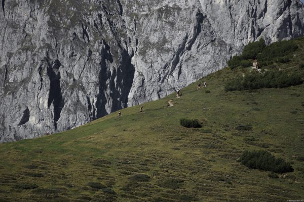 Läufer unter Felswand Alpin Team Trail 2026 Weite Almwiese unter einer mächtigen Felswand mit Läufern auf der Strecke des Alpin Team Trail 2026
